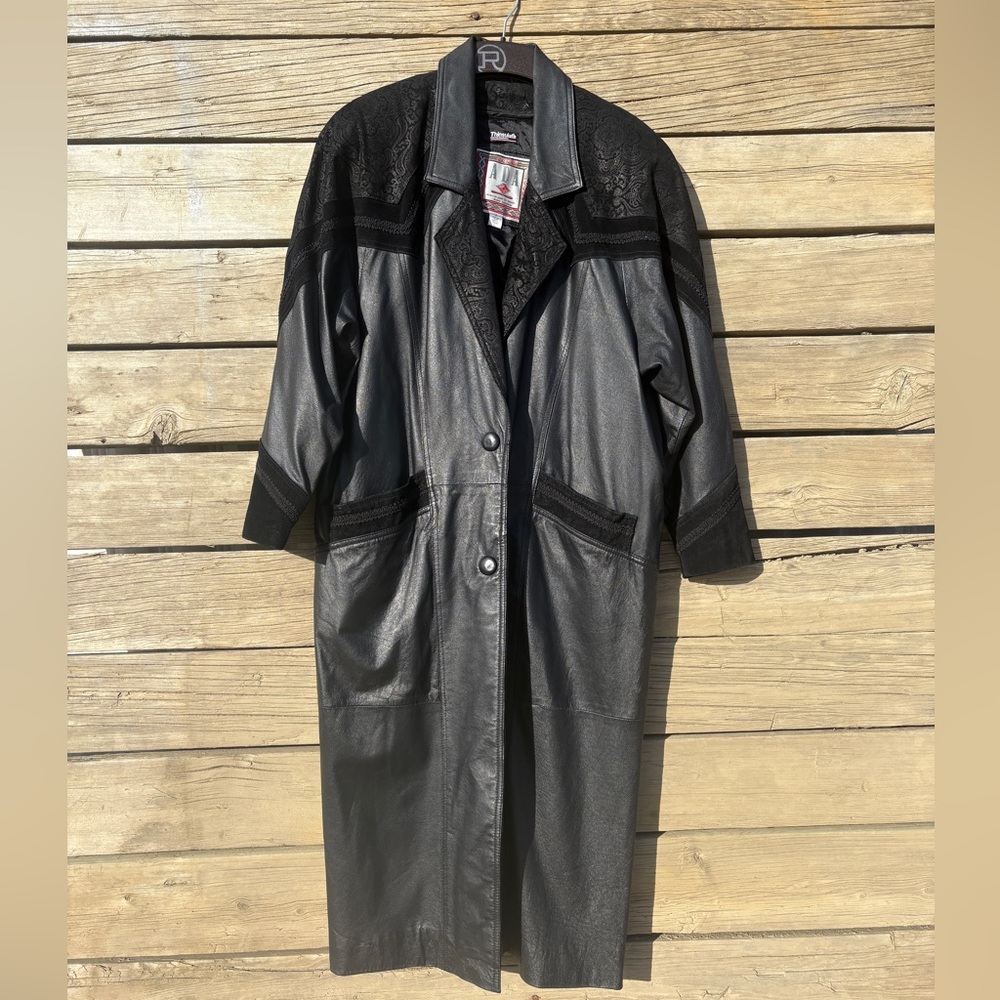 Vintage ADA Black Leather Trench Coat w/ Damask Detail – Size L